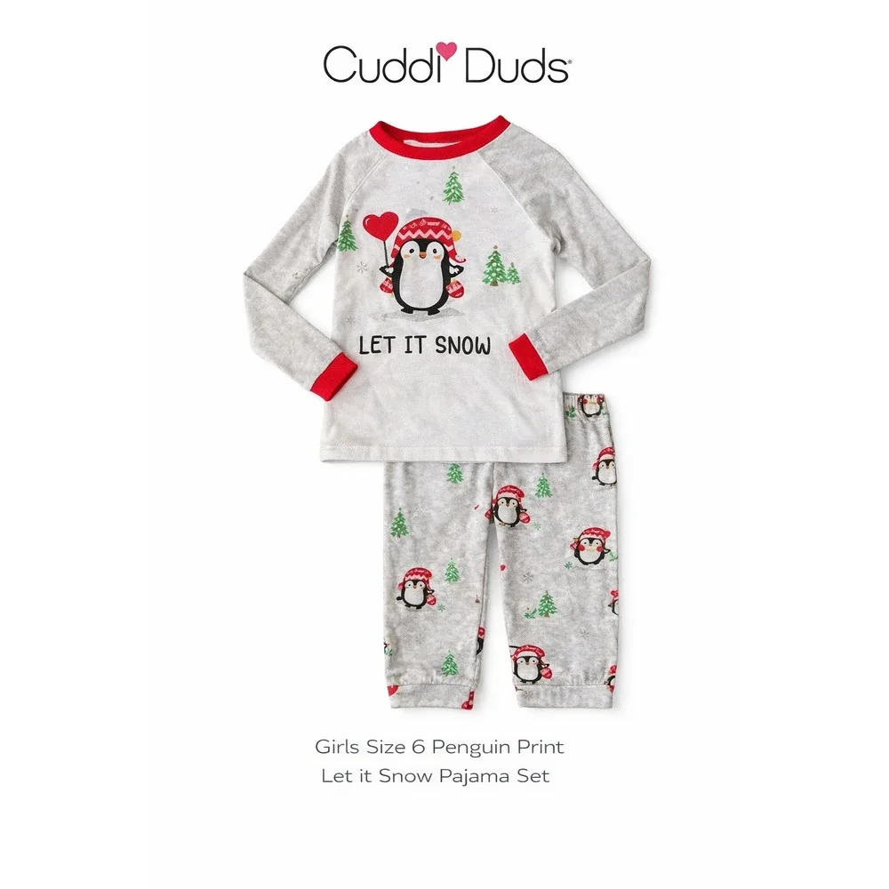Cuddl Duds Girls Size 6 Penguin Print Let it Snow Pajama Set Top Bottoms Gray